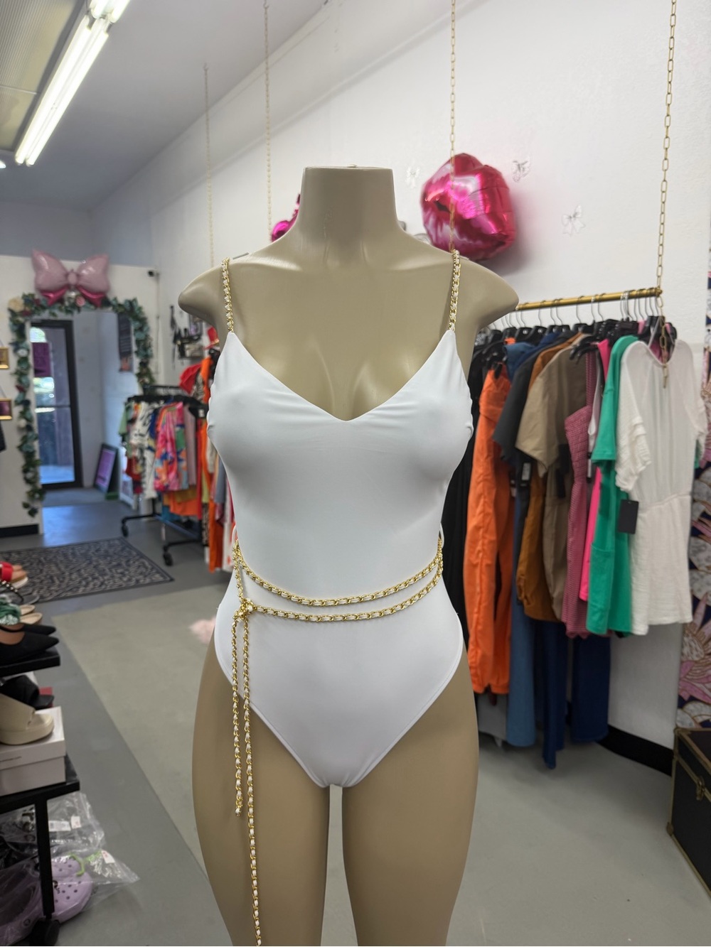 White Chain-Strap One-Piece Swimsuit with Gold Chain Belt